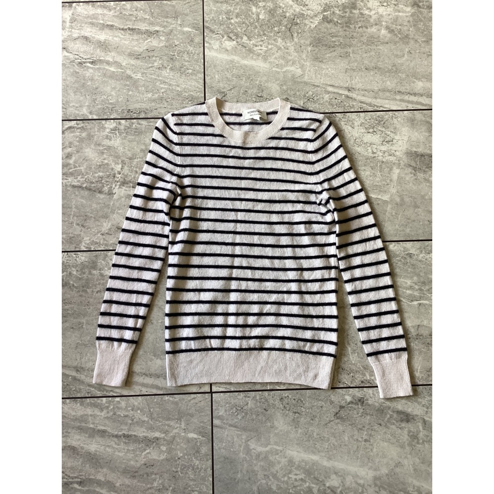Nordstrom 100% Cashmere Striped Crewneck Sweater Ivory Black XS RN58665